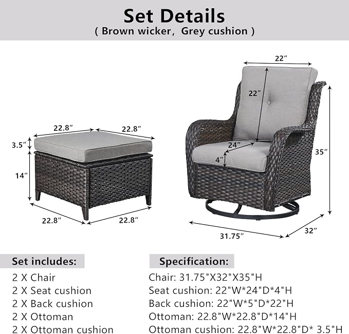Belord Outdoor Swivel Chairs Set of 2,Patio Wicker Rocker Chairs with Ottomans, All Weather Patio Conversation Furniture Set, Ideal for Porch Balcony Deck Yard, Brown Wicker/Gray