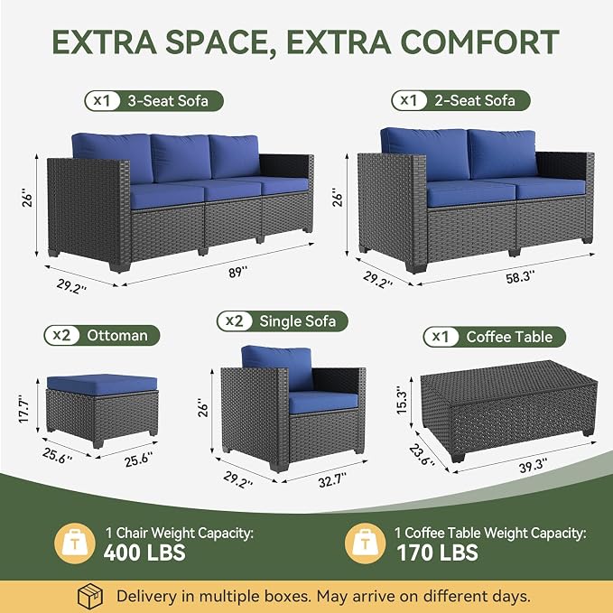 Aoxun 10 Piece Outdoor Patio Furniture Set 9 Seats, Outdoor Sectional with Thick Waterproof Cushions, Patio Conversation Sets for Garden,Backyard, Porch, Balcony, Black & Blue