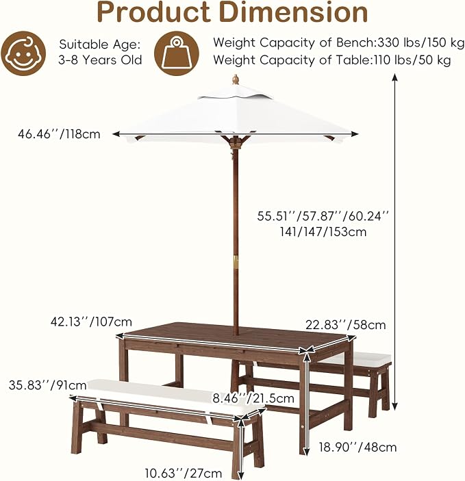 Olakids Kids Picnic Table, Outdoor Wooden Bench Set with Removable Cushions Adjustable Foldable Umbrella, Toddler Backyard Furniture for Patio Garden