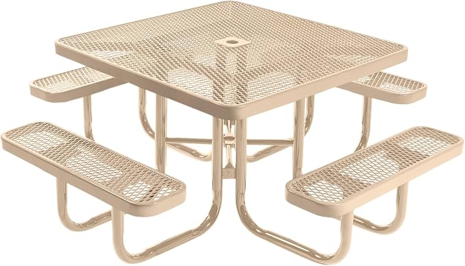 COATEDOUTDOORFURNITURE Heavy-Duty Portable Outdoor Picnic Table with Umbrella Hole, Expanded Metal Commercial-Grade Patio Furniture Made in America (46" Square Top, Tan with Tan Frames)