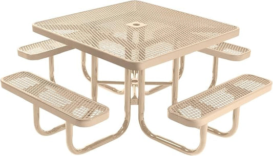 COATEDOUTDOORFURNITURE Heavy-Duty Portable Outdoor Picnic Table with Umbrella Hole, Expanded Metal Commercial-Grade Patio Furniture Made in America (46" Square Top, Tan with Tan Frames)