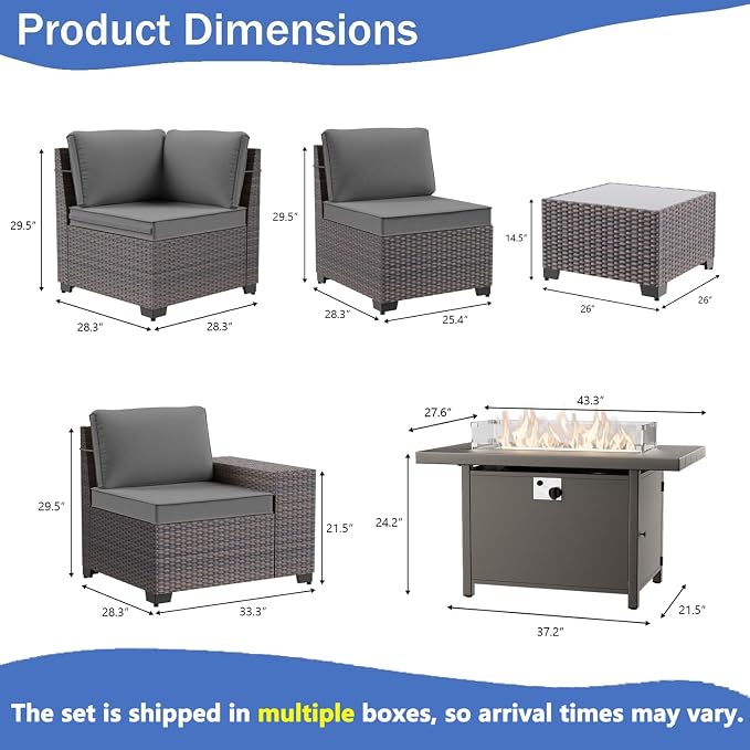 16 PCS Outdoor Patio Furniture Set,Outdoor Sectional Furniture with 45" 55000 BTU Gas Propane Fire Pit Table,All Weather PE Rattan Wicker Patio Conversation Set,Swivel Rocking Chairs Set,Grey