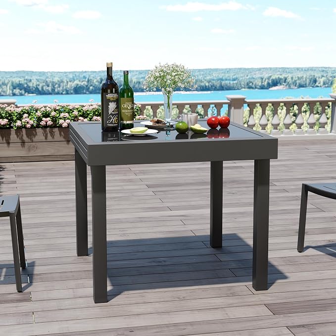 Modern Aluminum Outdoor Dining Table - Expandable Patio Glass Dining Table for 6-8, Extendable Aluminum Patio Extender Table 35" to 70" for Backyard, Porch, Deck, Garden - Dark Grey