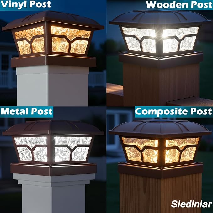 SIEDiNLAR Solar Post Cap Lights Outdoor 2 Color Modes 8 LEDs for 4x4 5x5 6x6 Posts Fence Deck Patio Decoration Warm White & Cool White Lighting Brown (1 Pack)