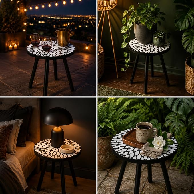 Laurel Outdoor Side Table, 18" Mosaic Round Accent Table with Ceramic Tile Tabletop and Steel Frame, Indoor Small Decorative Plant Stand & End Table for Living Room, Patio, Garden - Black/White