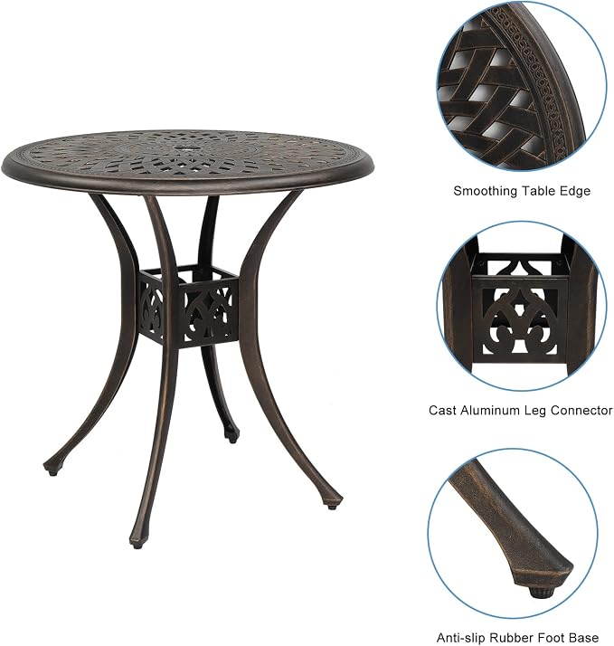 Patio Bistro Dining Table with Umbrella Hole,Cast Aluminum Backyard Bistro Round Table, Outdoor Garden Furniture Table