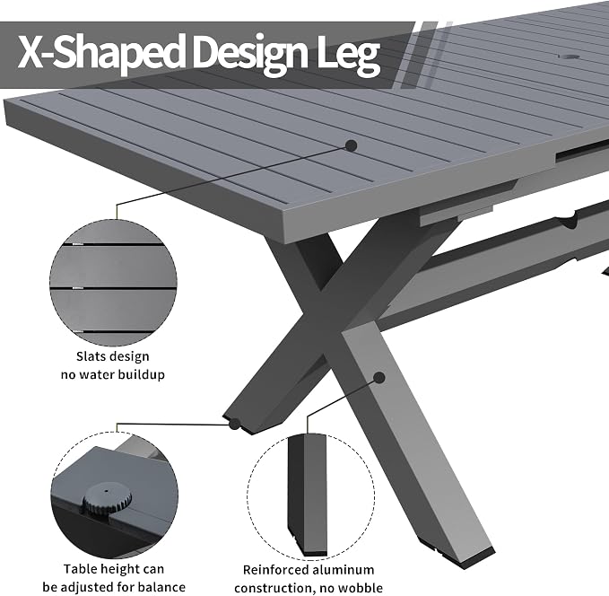 TWT Expandable Dining Table Set for 6 to 10, Aluminum Outdoor Rectangular Patio Metal Table with Umbrella Hole for Backyard Porch, Poolside and Garden, Easy Assembly, Dark Grey