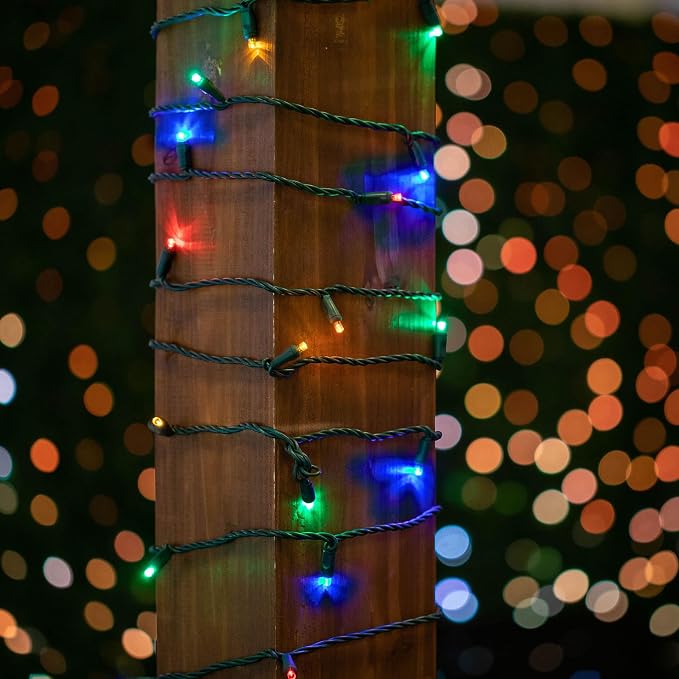Novelty Lights 12-Pack, 50 Feet 100 LED Multicolor Christmas Mini Light String on Green Wire, 5mm Wide Angle Bulbs, Connectable, Indoor/Outdoor Decor, UL Listed