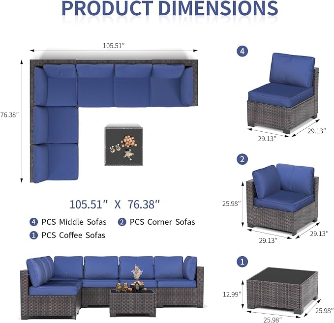 GarveeHome 7 Piece Patio Furniture Set, PE Rattan Wicker Sectional Sofa Set with Cushions & Glass Top Coffee Table, Outdoor Conversation Furniture for Garden, Balcony, Porch, Backyard