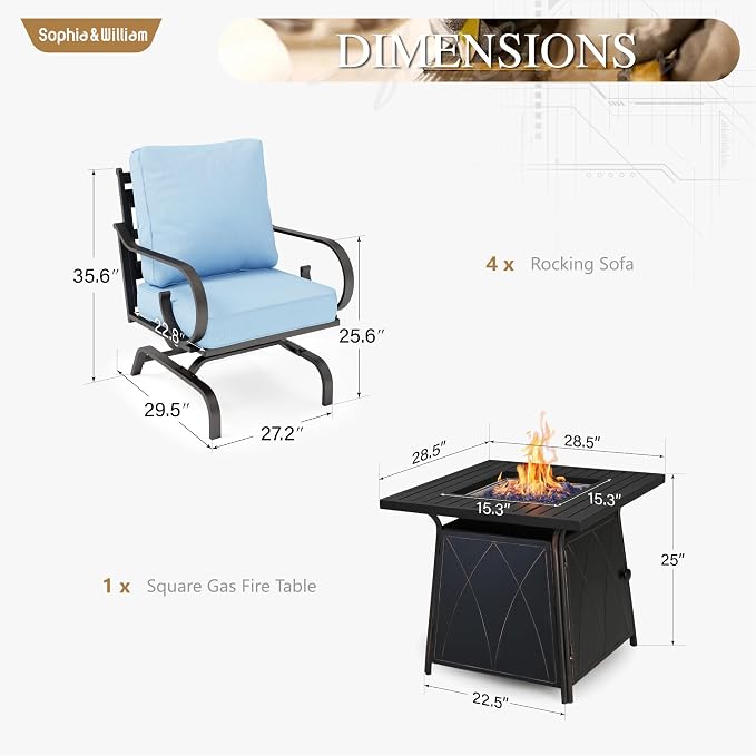 Sophia & William Patio Conversation Set for 4, 4 Rocking Chairs and a 28" Square Fire Pit Table, Metal Outdoor Furniture with 5.75" Extra Thick Cushions, Blue
