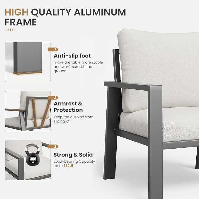 Outdoor Loveseat with Coffee Table Small Furniture Aluminum Patio Love Seat Couch Outdoor Chairs with 4" Cushion Loveseats Sofa for Poolside,Balcony,Deck,Yard