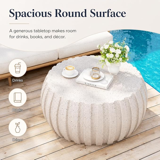 35.43" Concrete Outdoor Table,Modern Round Stone Coffee Table,Waterproof Outdoor Coffee Table for Patio for Terraces, Gardens, Backyards and Living Rooms (White, 35.43")