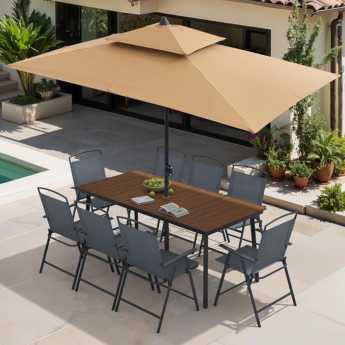 Crestlive Products 9 Piece Patio Dining Set, 70" Walnut Metal Outdoor Table and 8 Folding Chairs, with Umbrella Hole for Porch Poolside Yard Garden, Grey