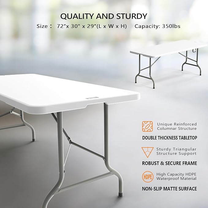 VINGLI 6 Foot Plastic Folding Table Portable Long Table for Indoor Outdoor Use Rectangular with Carrying Handle, Smooth HDPE Tabletop, White