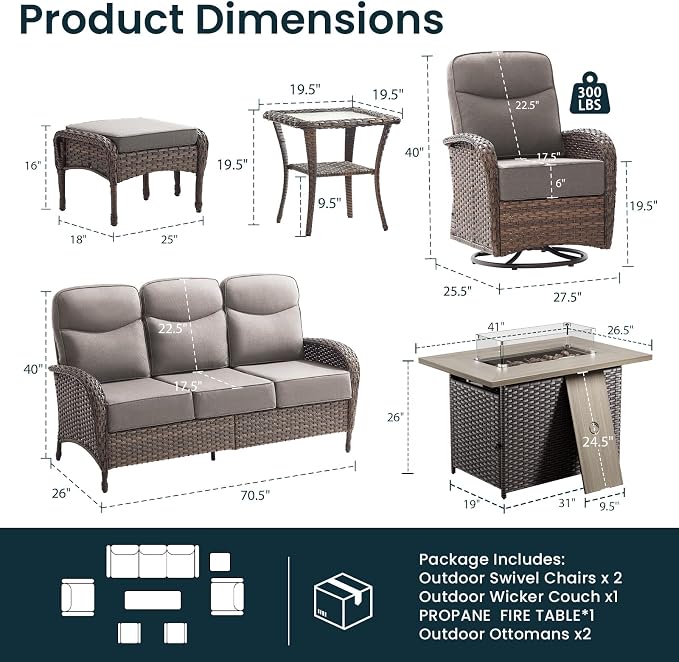 High Back Luxury Patio Furniture Set with Fire Pit Table, 6-Inch Cushion Swivel Rocker Patio Chairs with Outdoor Couch, 7 Piece Wicker Conversation Set for Deck Yard Garden Balcony Gray