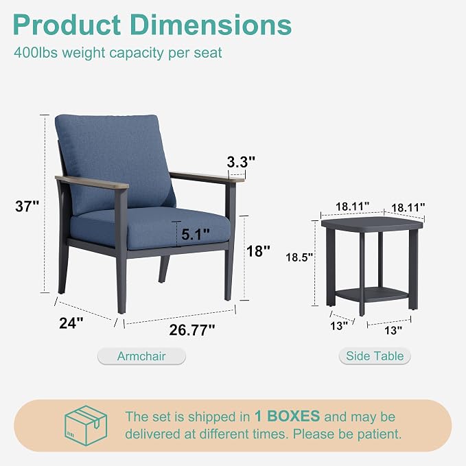 3-Piece Patio Rocking Swivel Chair Outdoor Aluminum Bistro Set with Coffee Table, Outdoor Patio Furniture Set with High Backrest & Thickened Cushions for Garden, Deck and Balcony, Navy Blue