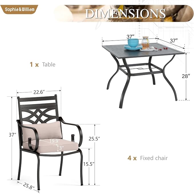 Sophia & William Patio Dining Set, Steel, Black | Umbrella Hole, E-Coated, Cushions Included, For Patio, Garden and Yard