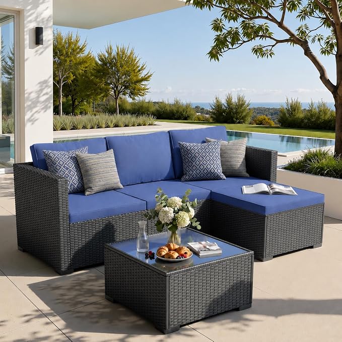 WWR Patio Furniture Set 5 Piece - Wide Armrests - All-Weather Wicker Rattan Outdoor Conversation Couch Sets, Modular Sectional Sofa for Garden, Patio, Poolside, Backyard, Balcony, Porch