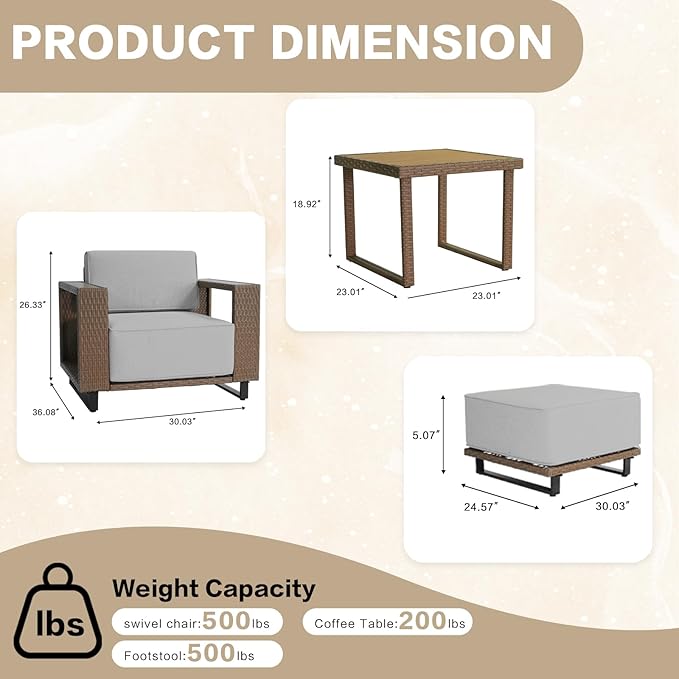 5 Pieces Outdoor Patio Furniture Set, PE Rattan Weaving Sofa with 10 inch Thick Cushions, with Dining Table,Coffee Table and 2 footstools, Steel Frame, Outdoor Conversation Set Brown/Beige/Wood