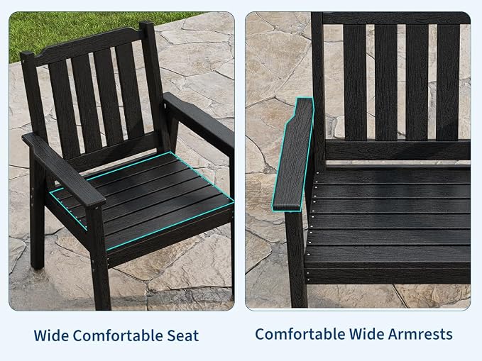 Takywep 23.9” Wide HDPE Patio Dining Chairs Set of 2, 650LBS Capacity All-Weather Yard Armchair with Slatted Seat, Heavy Duty Modern Backyard Furniture for Garden, Poolside, Deck, Black