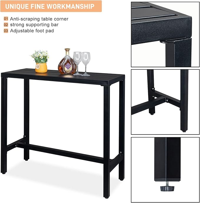 Outdoor Bar Table Narrow Counter Height Dining Table with Adjustable Feet Pub Table for Garden Patio Backyard Poolside Black Outdoor Bar Table, 40" Black Patio Bar Height Counter Table Console Table