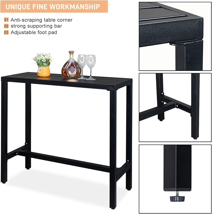 JHshop Black Outdoor Bar Table Patio High Pub Table 40”L Counter Height Table with Adjustment Knob Console Table for Poolside/Garden/Balcony/Hallway/Bistro 100 x 40 x 95cm