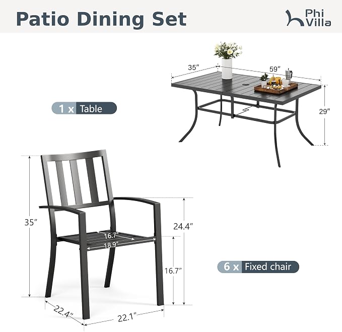 PHI VILLA 7pcs Outdoor Table and Chairs,60” Rectangular w/Umbrella Hole | Outdoor Dining Set for 6 for Patio, Deck, Yard, Garden