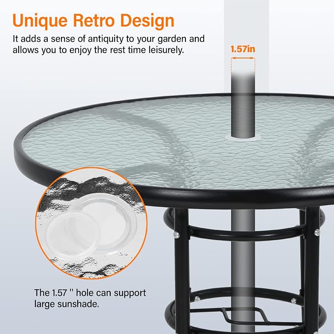Outdoor Table Patio Table Dining Table with Tempered Glass Umbrella Hole for Lawn Balcony, Yard (Round)
