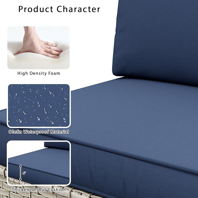 6 Piece Patio Furniture Set, 9.8" Wide Arm Sectional Sofa with Storage Armrests, All-Weather Rattan Outdoor Conversation Set for Garden, Porch, Lawn, Backyard, Balcony, Blue