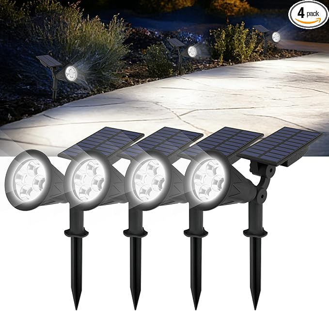 T-SUN Solar Spot Lights Outdoor Waterproof,Solar Landscape Spotlights,4Pack | Cool White, 4 LEDs, 2 Lighting Modes, IP65 Waterproof Dusk to Dawn Solar Lights for Tree, Patio, Yard, Garden, Driveway