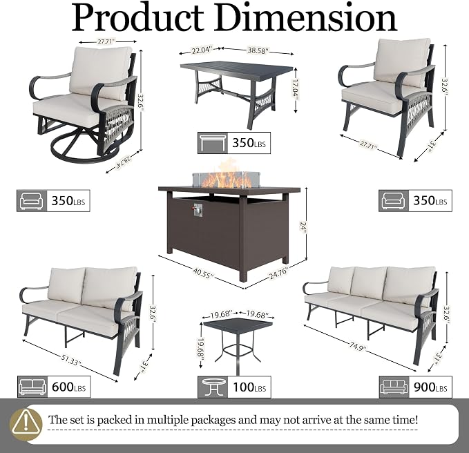 12-Piece Outdoor Furniture Set, Metal Swivel Rocking Chairs with All-Weather Cushions, Patio Conversation Set with Fire Pit Table for Deck, Porch, Garden, Backyard, Poolside (Beige Cushions)