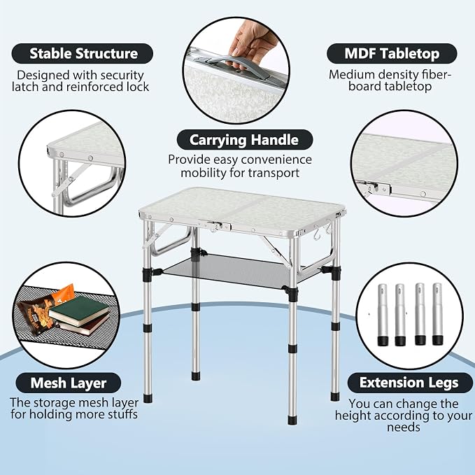 YihuiKo Small Folding Picnic Table with Storage Net, 3 Adjustable Heights 27.5" Aluminum Lightweight Portable Table with Carrying Handle for Camping Travel Indoor