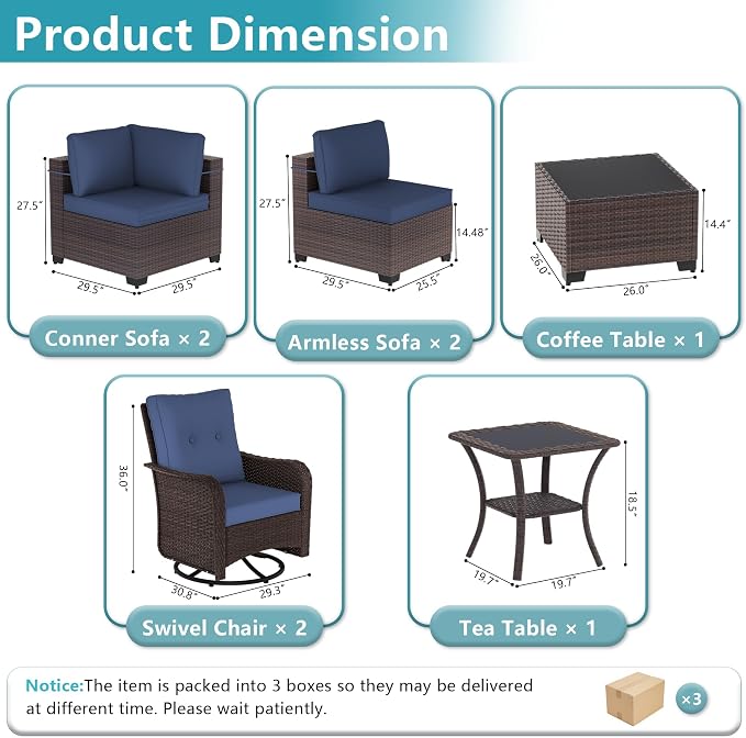 ALAULM 8 Pieces Patio Furniture Set with 2 Swivel Chairs Wicker Patio Conversation Set, Outdoor Sectional Furniture w/Coffee Table & Washable Seat Cushions-Dark Blue