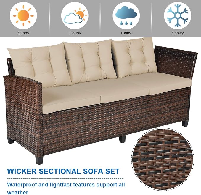 Tangkula Patio Furniture Set, 3 Pieces Outdoor Conversation Set with 6 Cushioned Seat & Coffee Table, Rattan Couch Set for Balcony, Garden, Lawn, Poolside and Backyard (Brown)