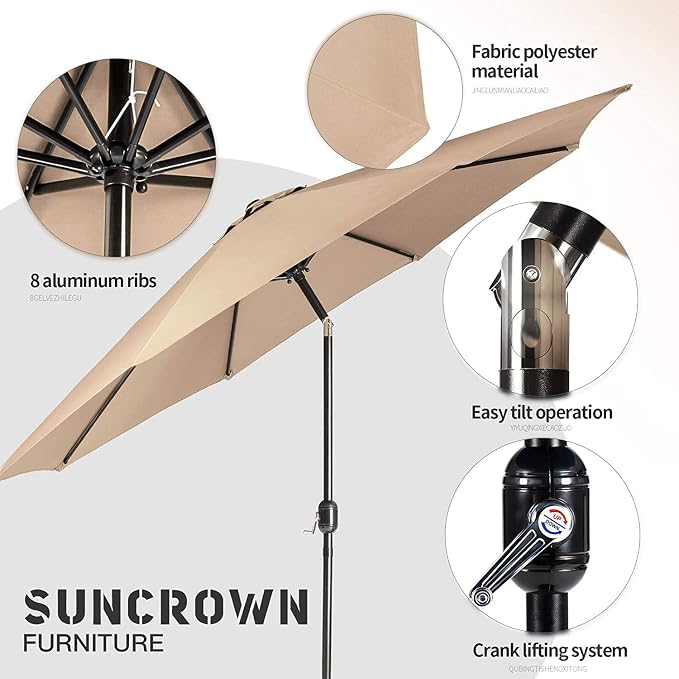 SUNCROWN 8-Piece Outdoor Dining Set, All Weather Patio Furniture Sets with 6 Black Swivel Textilene Mesh Chairs & Rectangular Metal Table & 1 Brown 9Ft Umbrella for Garden Backyard Poolside