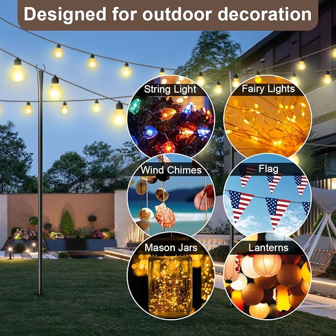MuliVid 6 Pack 9FT String Light Poles for Outdoor,Metal Lights Hanging Pole Outside with Fork,Light Stand for Patio, Pergola, Garden, Backyard, Yard, Camping Party