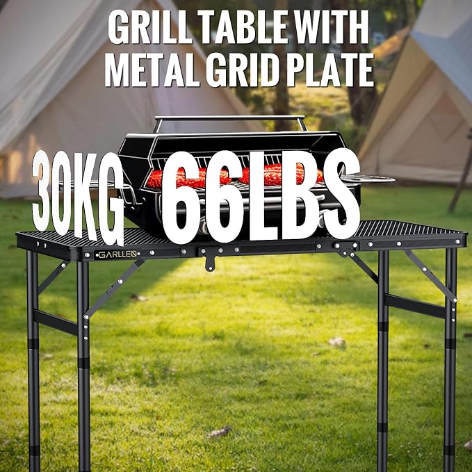 GARLLEN 3 Adjustable Height Folding Grill Table and Camping Table,Lightweight Folded Picnic Table for Camping, BBQ, Outdoor