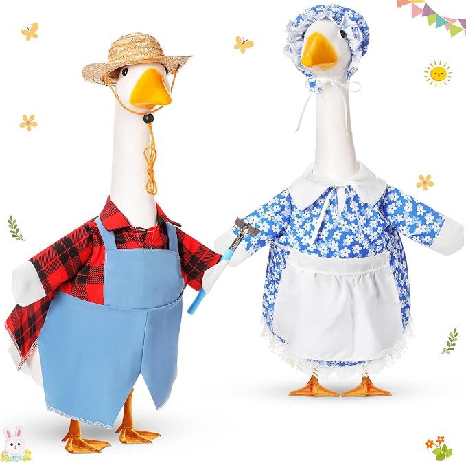 FuWeave 2 Set Porch Goose Outfit Spring Gardener Goose Clothes with Small Flower Pot for 23" Cement Outdoor Patio Yard Decor(Heart)