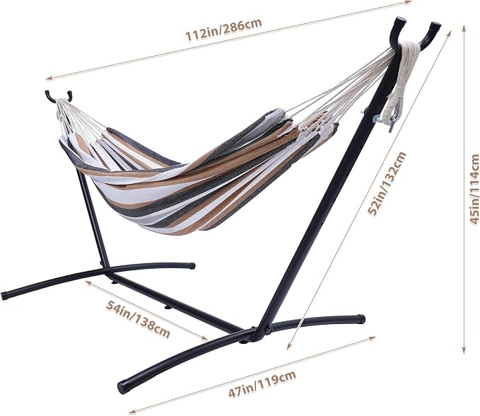 Double Classic Hammock with Stand for 2 Person- Indoor or Outdoor Use-with Carrying Pouch-Powder-Coated Steel Frame - Durable 450 Pound Capacity，Brown/Gray Striped