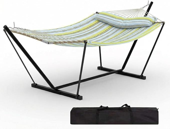 2-Person Hammock with Stand, 450lbs Weight Capacity, Padded Polyester Fabric & Heavy-Duty Steel Frame, Portable with Carry Bag for Patio Backyard Poolside Garden Camping