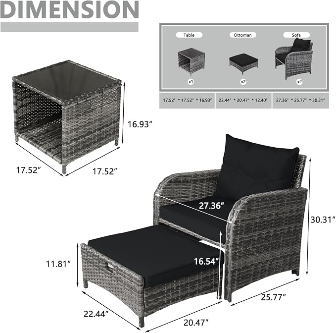 5 Pieces Wicker Outdoor Patio Chairs with Ottoman, PE Wicker Rattan Patio Conversation Furniture Set with Underneath Footrest, Wicker Outdoor Patio Chairs and Ottoman Set with Table, Black