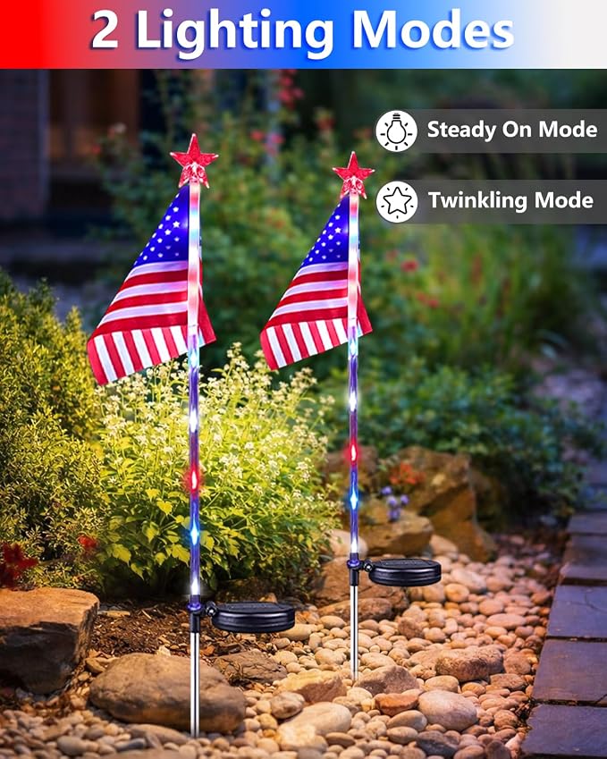 8 Pack American Flag Solar Lights Outdoor, 4th of July Decorations Lights | 2 Modes Red White and Blue Star Lights Waterproof, Solar Patriotic Outdoor for Independence Memorial Day Garden Yard Pathway