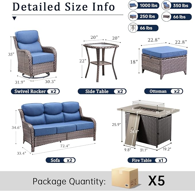 Luxury 6" Thick Cushion 9 Pieces Wicker Patio Furniture Set with 41”Fire Table, Outdoor Conversation Set with Patio Couch and Swivel Rocker Chairs for Deck Porch Yard and Poolside