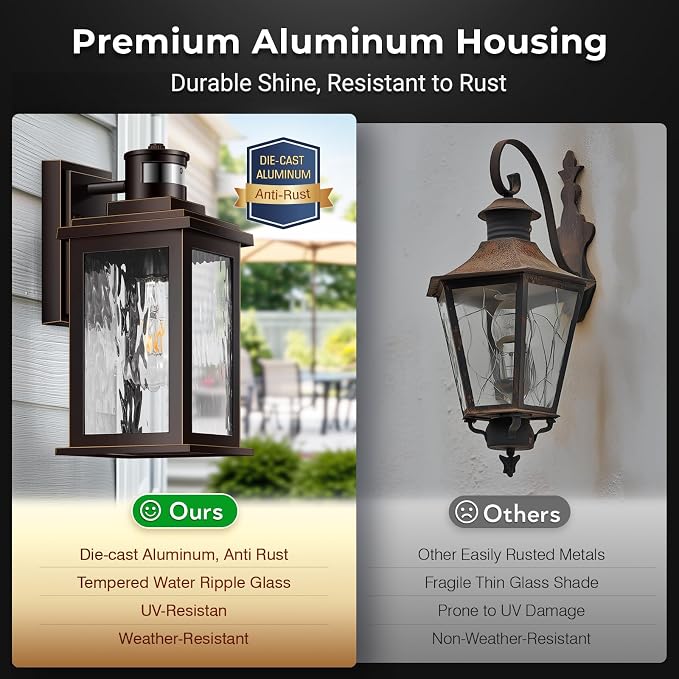 VIANIS Motion Sensor Outside Lights for House, Oil-Rubbed Bronze Porch Lights Outdoor with Tempered Ripple Glass, Aluminum Waterproof Outdoor Light Fixtures Wall Mount for Garage, Garden, Entrance