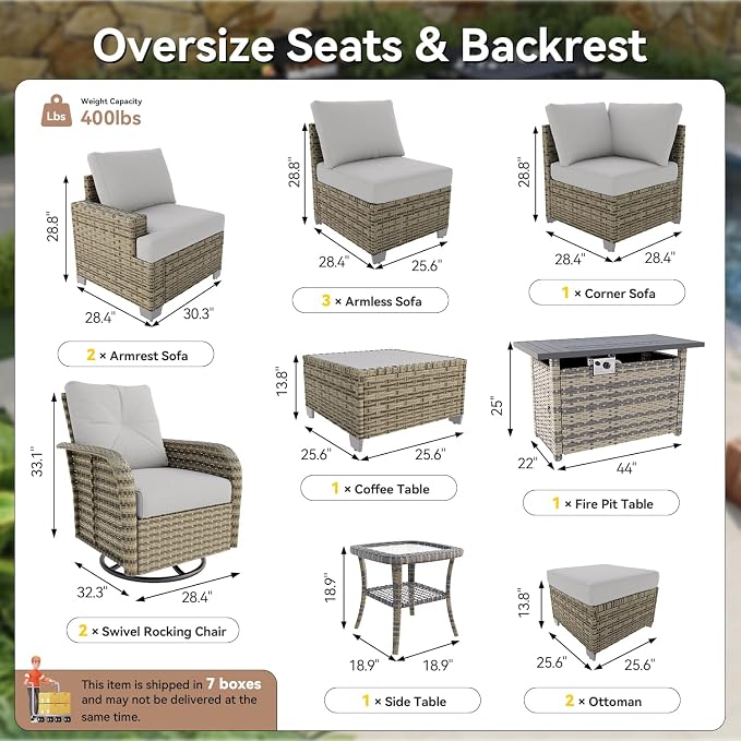 LET'S PATIO Luxury Patio Furniture Set with Fire Pit Table, 13 Piece Outdoor Furniture Set with Swivel Rocker Chairs & Ottomans, All-Weather Patio Sectional Sofas with Thickened Cushions, Grey