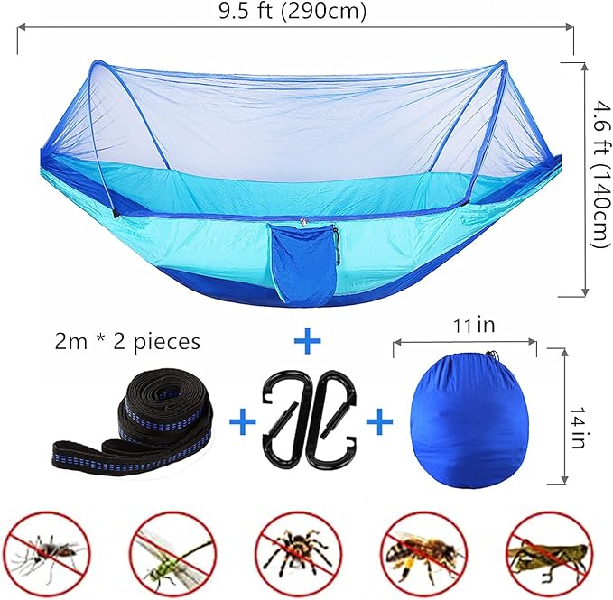 LFL Camping Hammock with Mosquito Net, Hammocks with Net, 1 & 2 Persons Outdoor Portable Tree Straps Swing Hammock, Nylon Parachute Outside Material Hammocks with Bug Net, Blue