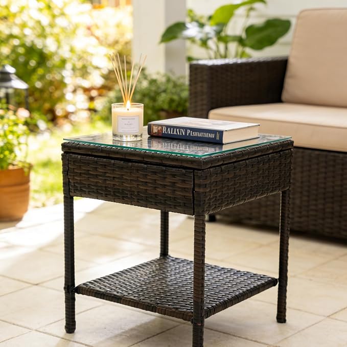 Outdoor Patio Wicker Table,Rattan Side Table,Modern Patio End Side Table with Glass Countertop and Storage Space,for Porch Garden Balcony