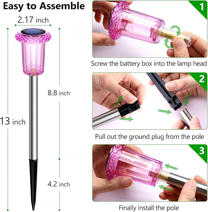 DenicMic Solar Outdoor Lights 10 Pack Pink LED Valentines/Mothers Day Decor | Garden Decor for Outside Yard Patio Flowerbed Pathway Starburst Pattern, Acrylic Diamond-like Lampshade Stainless Steel Pole