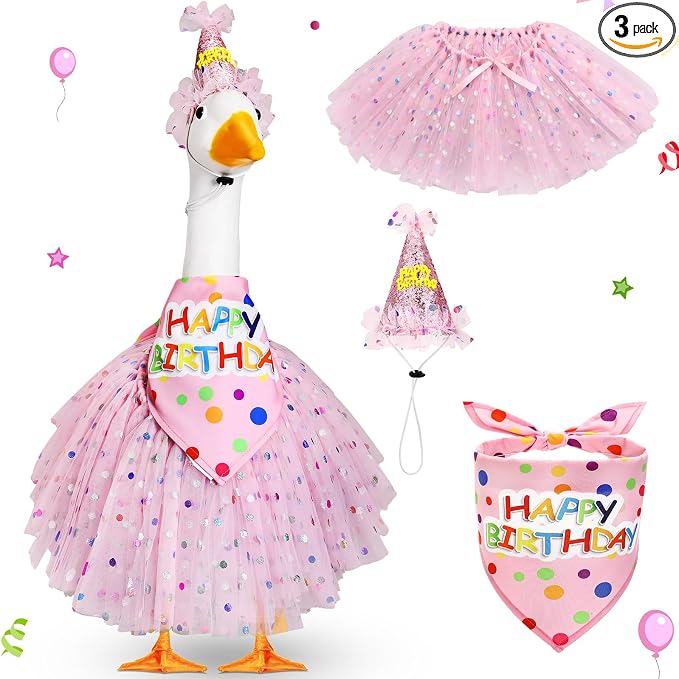 3 Pcs Porch Goose Birthday Outfit Girl Cement Goose Clothes,Pink | 23 Inch Porch Goose Outfits Happy Birthday, Porch Goose Outfits Princess, Happy Birthday Hat and Tutu Skirt Bandana