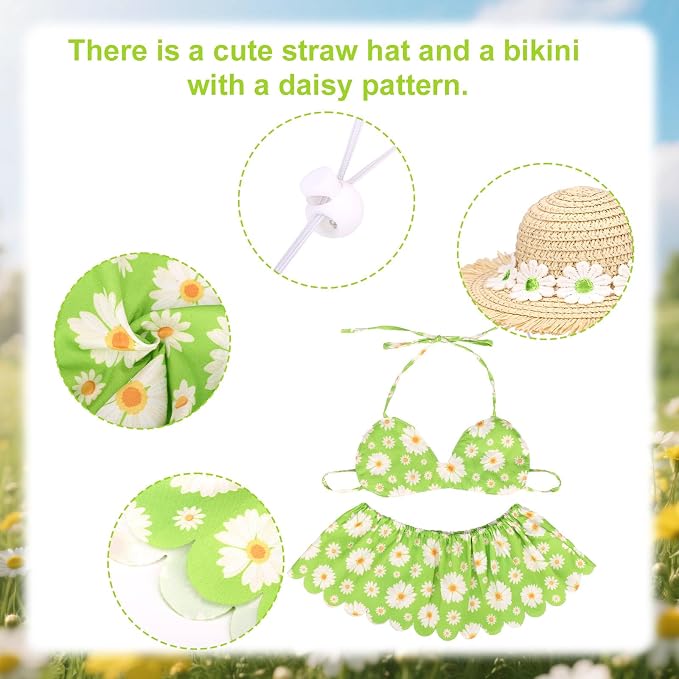 Lyreh Porch Goose Outfits Set, Includes Bikini and Straw Hat Daisy Pastoral Style Goose Clothes Set for Outdoor Garden Yard Patio Lawn Statue Decor